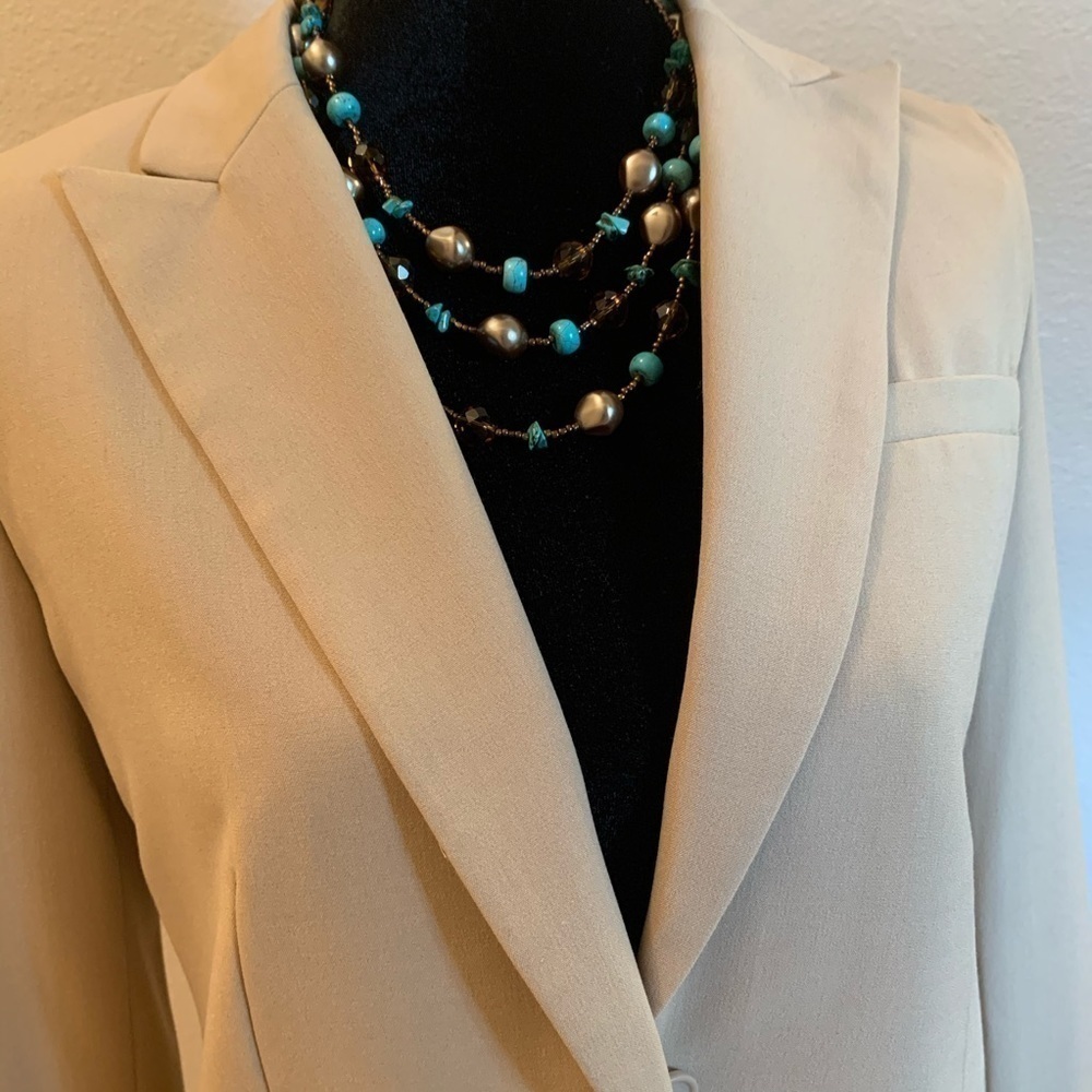 CALVIN KLEIN Neutral khaki tan classic Suit a line circle skirt blazer jacket